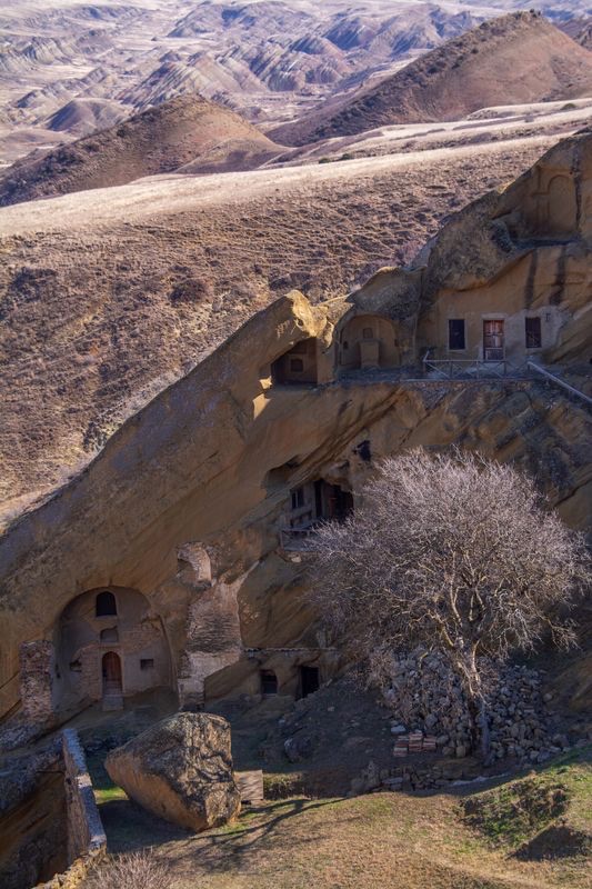 Vertical view of the ancient rock-cut cave dwellings
