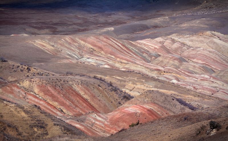 Colourful striped sediment layers of the semi-desert hills around David Gareja