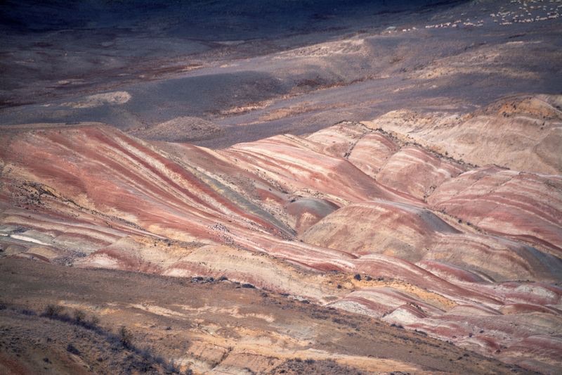 Wide view of the colourful Gareji semi-desert landscape