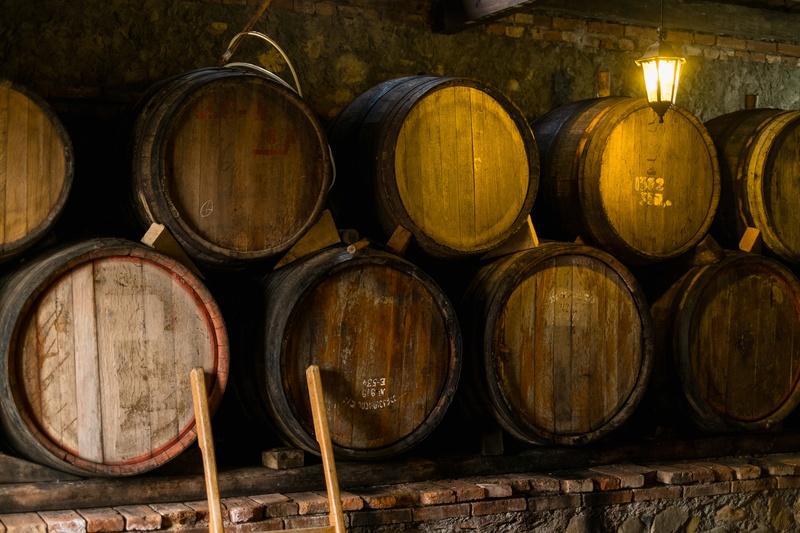 Oak barrels in the wine cellar