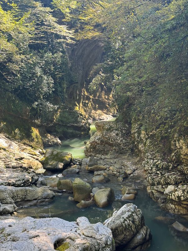 Rocky riverbed winding through Martvili Canyon